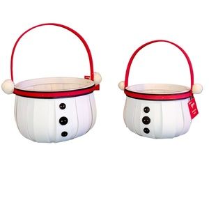Christmas Snowman White Wicker Wood Baskets Red Handles 3 Black Buttons